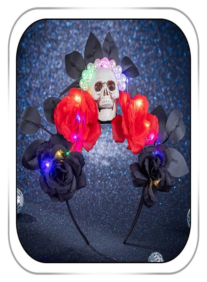 Firuilo Light Up Halloween Headband Skull Flower Crown Headbands Day of the Dead Headpieces Glitter Costume Hair Accessories for Women - Image 1